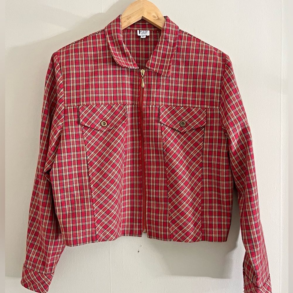 Vintage 90s Red Plaid Cropped Zip Jacket Tartan Grunge Size 12